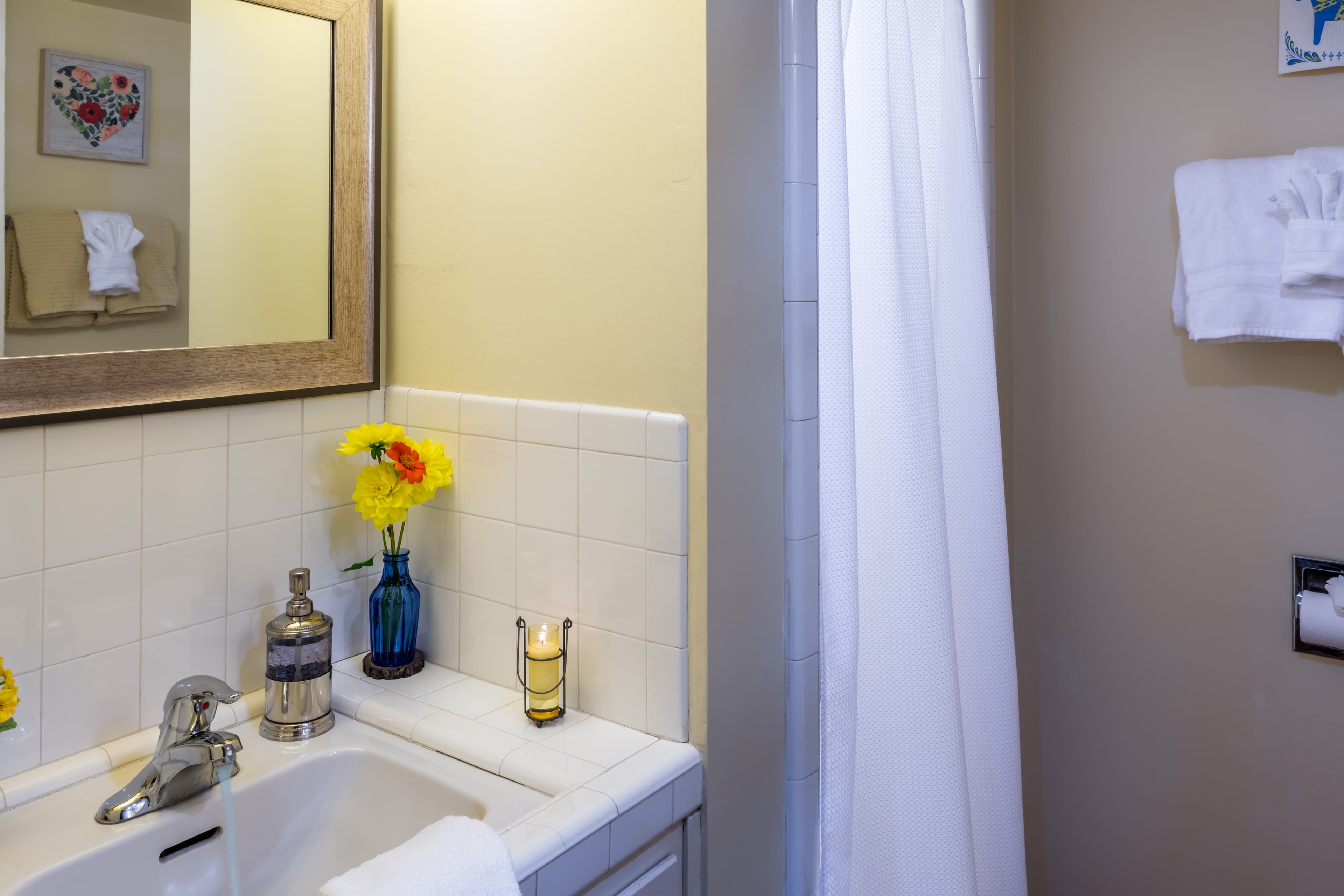 Swedish room with  private bath with shower, vanity sink and toilet