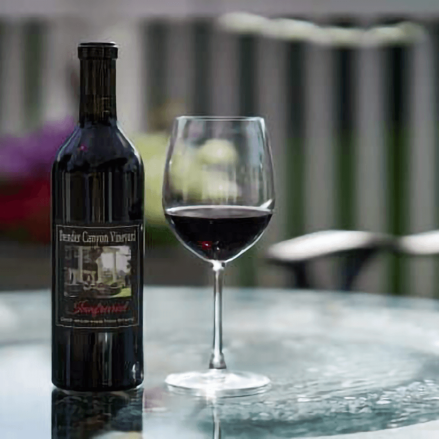 A bottle of red wine and a glass filled with the same wine sit on a glass table.