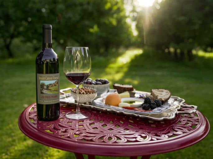 A bottle of red wine and a glass sit on a red table, accompanied by an assortment of fruits and snacks in a lush green outdoor setting.