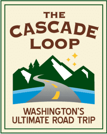Illustration of a winding road through mountains with the text "The Cascade Loop: Washington's Ultimate Road Trip."