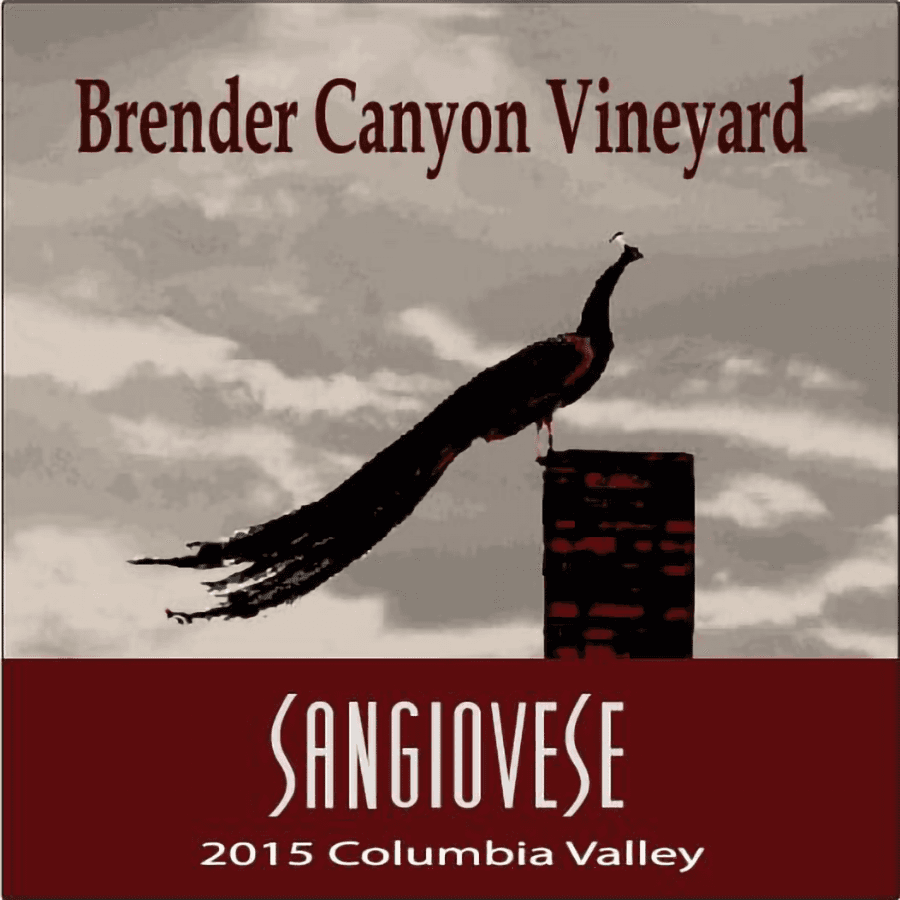 Label for Brender Canyon Vineyard's 2015 Sangiovese with a silhouette of a peacock.