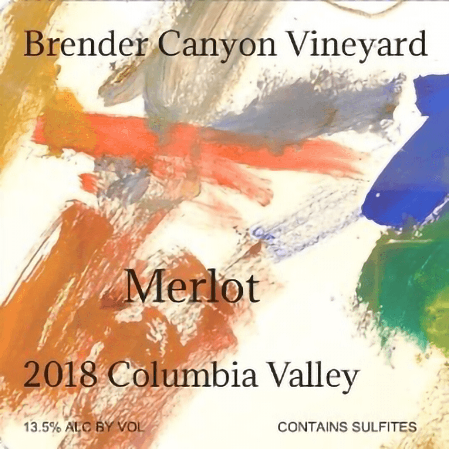Label for Brender Canyon Vineyard's 2018 Merlot from Columbia Valley, featuring an abstract colorful design.