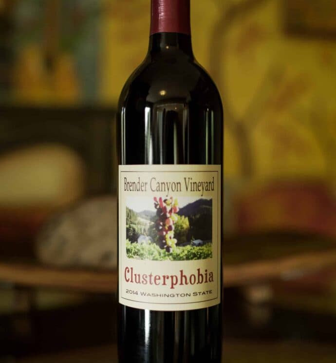 A bottle of Brender Canyon Vineyard's 2014 red wine labeled "Clusterphobia."